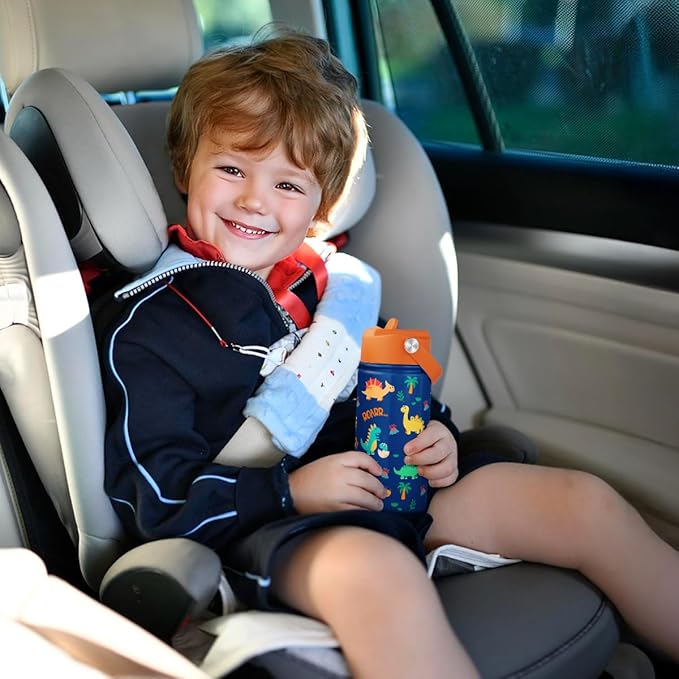 SANDJEST Kids Water Bottle with Straw Lid, Pack of 2 Insulated 12 Oz Stainless Steel Water Bottles for Boys, Travel Cup for School Sports, School Bus - Dinosaur