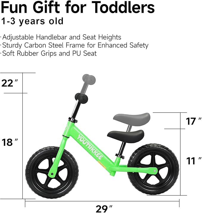 12 Inch Toddler Balance Bike for 1-3 Year Olds, No-Pedal Bike with Tool-Free Adjustable Seat, Quick Assembly, Gift for 1-3 Year Old Boys & Girls with Customizable Plate