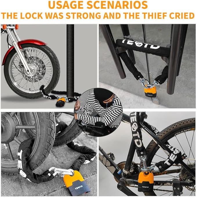 Heavy Duty Anti-Theft Motorcycle Chain Lock - 4ft/120cm Long, 10mm Thick Chain with Bright-Colored Lock, 4 Keys for Bicycle, Scooter (7.28lbs)