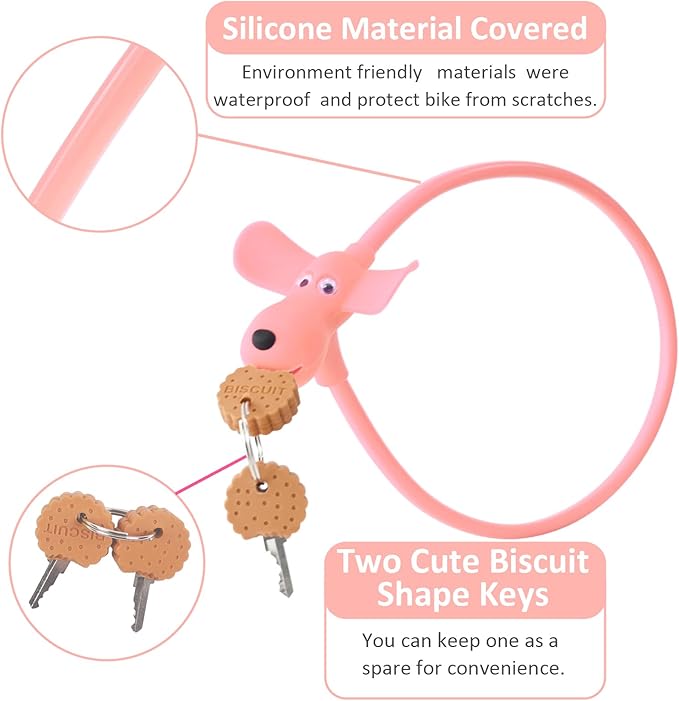 Bike Cable Lock with Keys,Silicone Covered Kids Cable Lock Cartoon Lock,2 Feet Lock for Bike,Door,Skateboard,Helmet and More(Light Pink, Large)