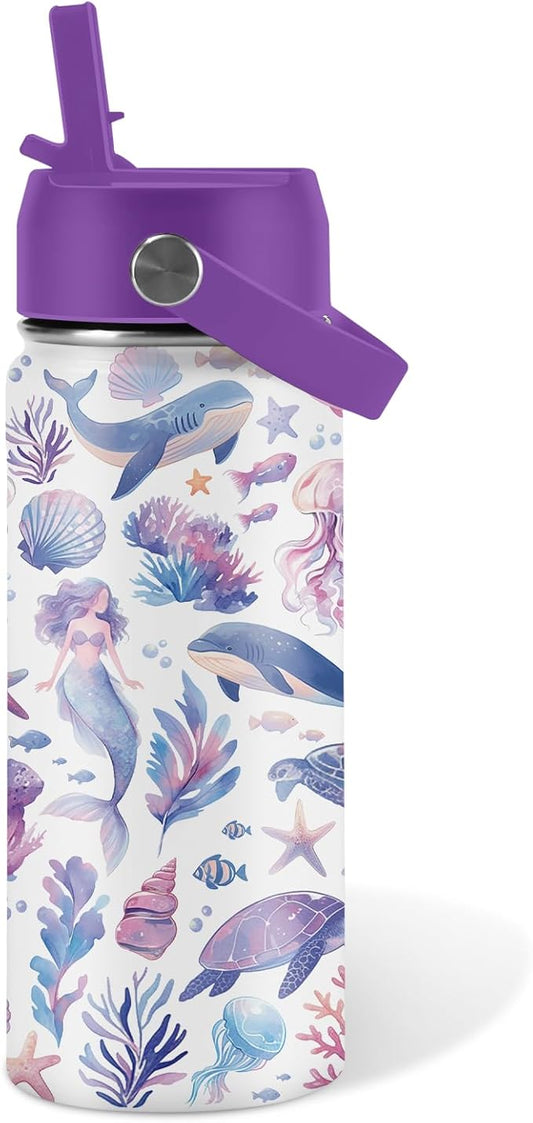 Ocean Gifts for Kids - 16 Oz Purple Water Bottle with Straw Lid, Stainless Steel Insulated Tumbler, Leak Proof, BPA-Free, for Girls & Boys, School, Beach - Marine Life Lovers Birthday Gifts (1pc)