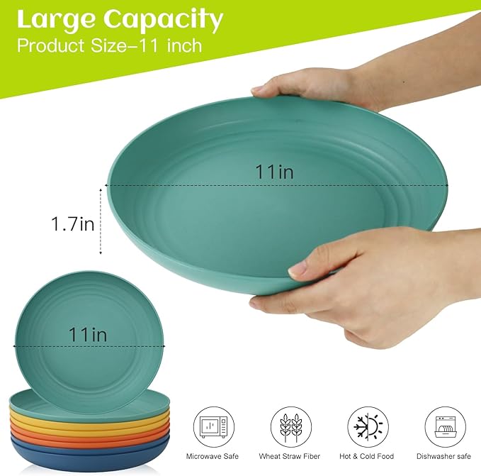 Homienly Deep Dinner Plates Set of 8 Alternative for Plastic Plates Microwave and Dishwasher Safe Wheat Straw Plates for Kitchen Unbreakable Salad Plate with 4 Colors (Colorful, 11 inch)