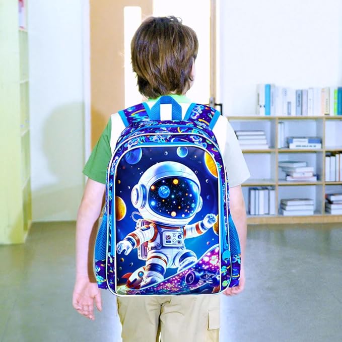 16" Space Boy Backpack, 3Pcs Astronaut Bookbag for Elementary Preschool Kindergarten, Kids School Backpacks with Lunch Box (Blue)