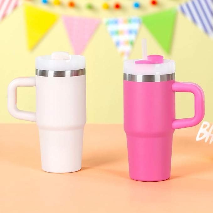 Cosictic 14 Oz Tumbler with Handle and Straw for Kids, Stainless Steel Double Wall Vacuum Insulated Cup for Children, 14 Oz Cups for Kids (Rose Quartz)