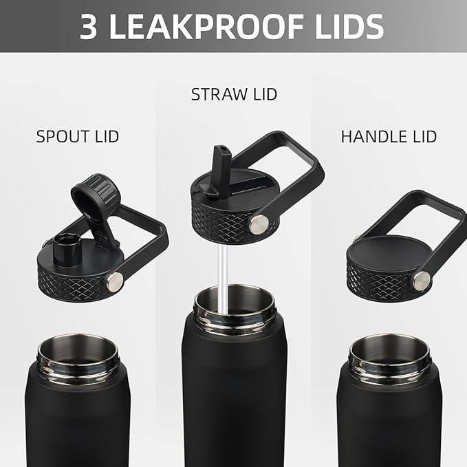 25oz Insulated Stainless Steel Water Bottle with Straw and 3 Lids, BPA-Free Sports Water Bottle,travel water bottle,Black