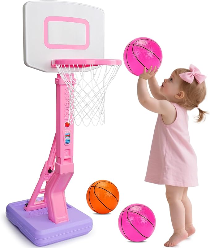 Toddler Girl Basketball Hoop Indoor Pink Adjustable Mini Basketball Goal with Ball Pump for Outdoor Poolside Toys Backyard Game Outside Basketball Toy for Kids Age 1-3 3-5 6 7 4-8 Birthday Gift