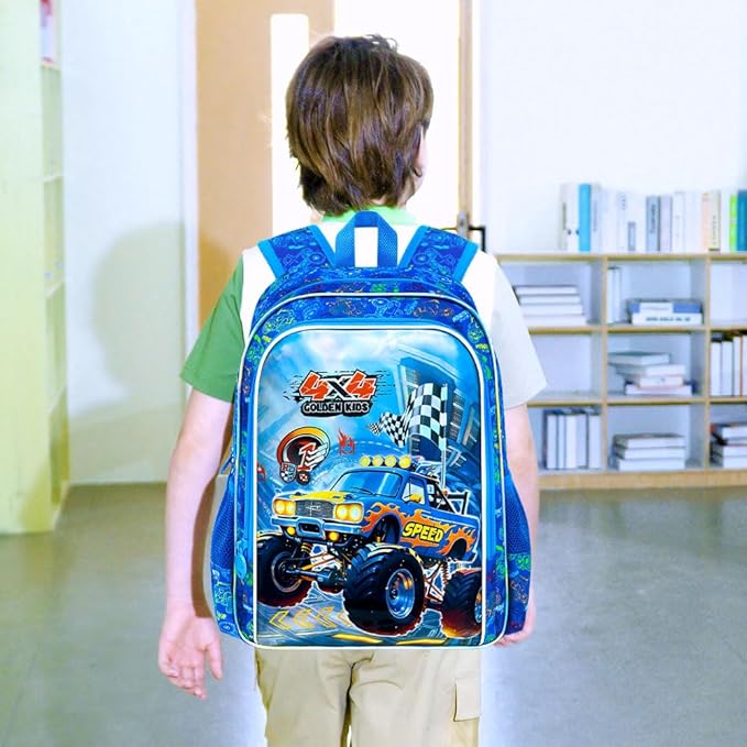 16" Monster Truck Backpack for Boy, 3Pcs Bookbag for Elementary Preschool Kindergarten, Kids School Backpacks with Lunch Box (Blue)