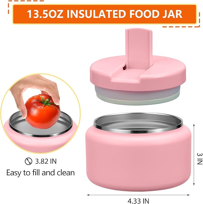 13.5oz Kids Jar for Hot Food, Insulated Vacuum Food Jar with Buckle Lid, Stainless Steel Wide Mouth Leak Proof Insulated Lunch Container for School Picnic Travel,Pink