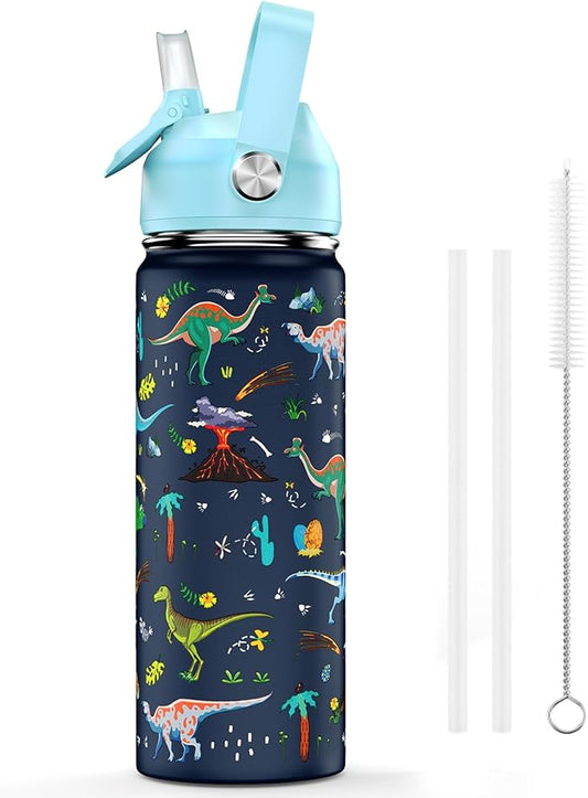 18oz Kids Insulated Water Bottle with Straw Lid - 18/8 Stainless Steel Kid Cup BPA-FREE Travel Tumbler Double Wall Vacuum Leak Proof Portable Toddler Water Bottle (Dinosaur)
