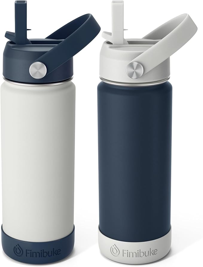 Fimibuke Kids Insulated Water Bottle, 18oz BPA FREE Kids Cups with Straw Double Wall Vacuum Tumbler 18/8 Stainless Steel Leak Proof Toddler Water Bottle for School Boys Girls (2 Pack, Coastal)