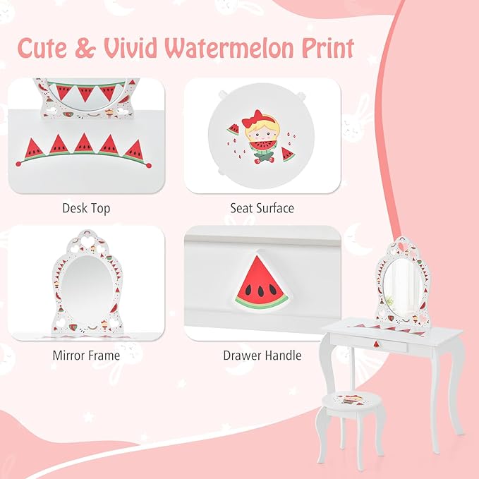 HONEY JOY Kids Vanity, Wooden Vanity Table & Chair Set with Mirror and Stool, Princess Pretend Play Dressing Table w/Detachable Top, Watermelon Theme Toddler Makeup Vanity Set for Little Girls