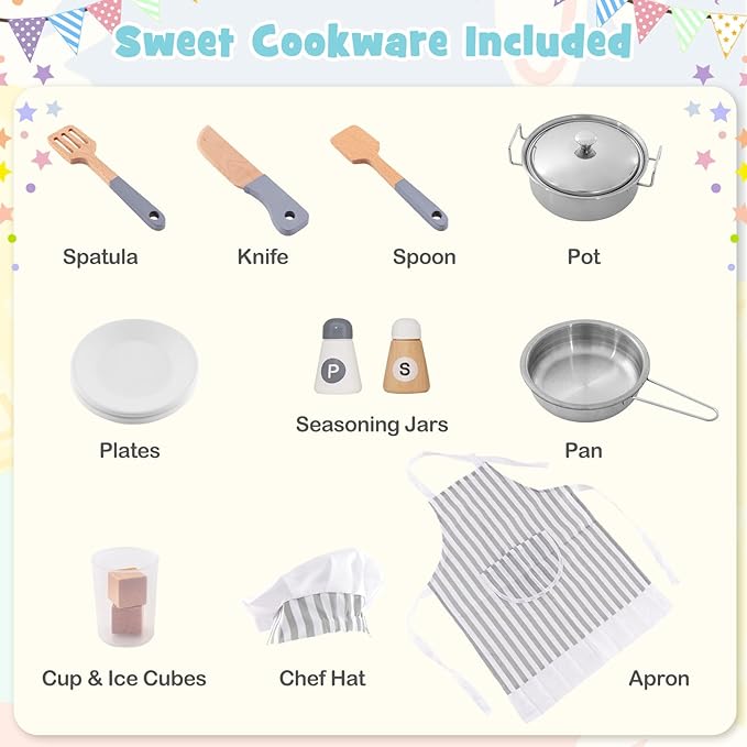 GLACER Corner Kids Kitchen Playset, Wooden Play Kitchen with Washing Machine, Ice Maker, Microwave, Oven, Sink & Facet, Pretend Toy Kitchen Set with Sounds & Lights for Toddler