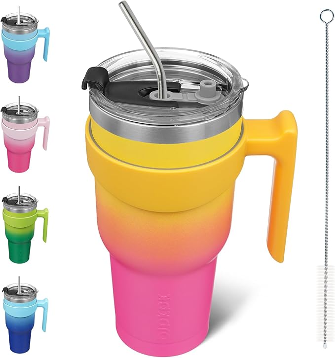 BJPKPK 40 oz Tumbler With Handle Stainless Steel Insulated Tumbler With Lid And Straw Travel Coffee Cups For Women And Men,Pink Yellow Rose