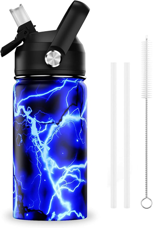 14oz Kids Insulated Water Bottle with Straw Lid - 18/8 Stainless Steel Kid Cup Travel Tumbler Double Wall Vacuum Leak Proof Portable Toddler Water Bottle (Lightning）