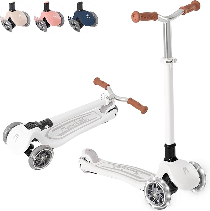 Kick Scooter for Kids Ages 3-10 (Beige/Pink/Navy/White) 3 Wheeled with LED Light-Up Wheels CPSC Certified Foldable and 4 Height Adjustable Toddler Scooters for Boys Girls