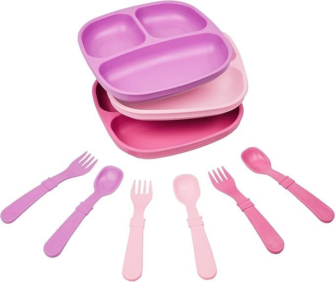Re-Play 3x3 Divided Toddler Plates and Utensils Set - Toddler Forks and Spoons Set - Dishwasher and Microwave Safe - Made in USA - Princess