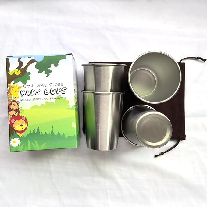 LOZACHE Stainless Steel Cups for Kids, 4 Pack 12oz Premium Metal Drinking Glasses Stackable Durable Pint Tumbler, Unbreakable Sippy Cups for Home & Outdoor Activities, BPA Free