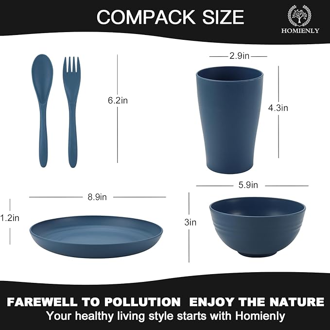 Wheat Straw Dinnerware Sets, Homienly 20pcs Unbreakable Microwave Dishwasher Safe Tableware Lightweight Bowls, Cups, Plates Set Reusable Dinner Plates Bowls set (Blue)