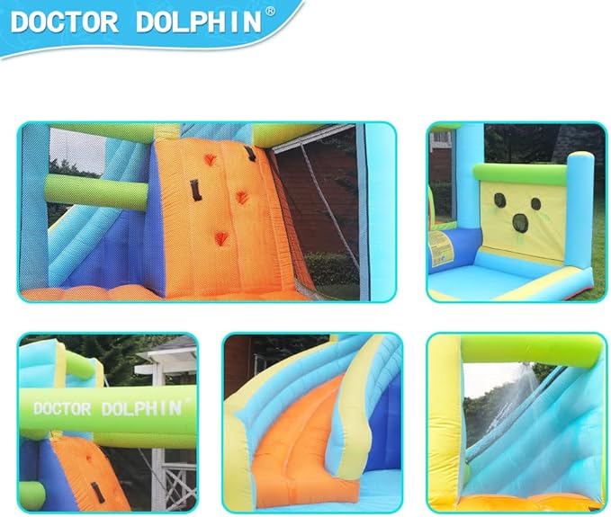 Doctor Dolphin Water Bounce House Inflatable Water Slide Park for Kids Backyard Summer Outdoor Fun with Water Gun Climbing Wall Splash Pool