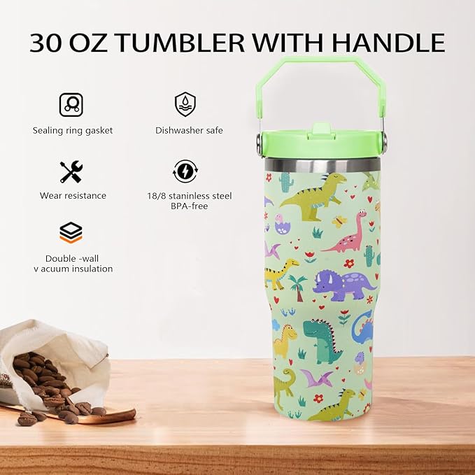 30oz Dinosaur CoffeeTravel Mug Cup Water Botter Flip Tumbler with Handle lid and Straw,Dinosaur Stuff Decor Accessories