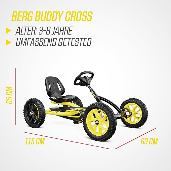 Berg Toys Buddy Cross Pedal Go Kart for Kids and Adults – Adjustable Ride On Toy for Ages 4-8 – Go Karts with BFR System,Outdoor Pedal Car for Kids (Yellow)