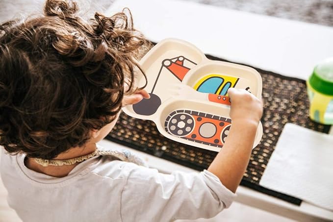 Kid Plate Set Bamboo Toddler Plates Dinnerware Dinner Dish Set Baby Feeding Spill Proof Divided Plate - Baby Spoon and fork 3-Piece Set for Kids and Toddlers Teaches Child Portion Control