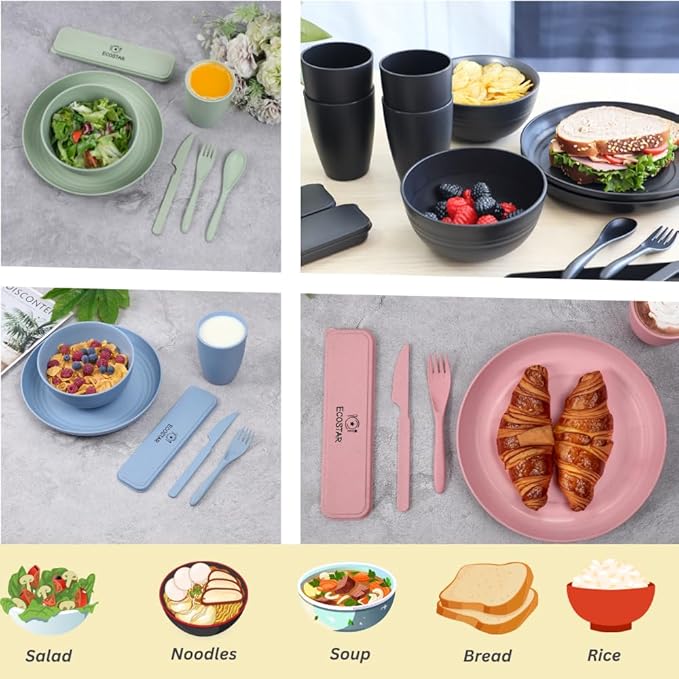 ECOSTAR Wheat Straw Dinnerware Sets Unbreakable Plates Bowls and Cups Reusable Utensils Dishwasher Microwave Safe Bowls and Plates Sets (Classic)