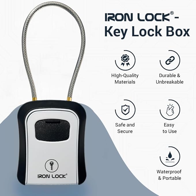 Iron Lock® Portable Key Lock Box and Wall Mounted with Removable Cable Shackle Outdoor Waterproof 4 Digit Combination with Resettable Code with A B Switch Key Lockbox for Outside (Medium, Grey)