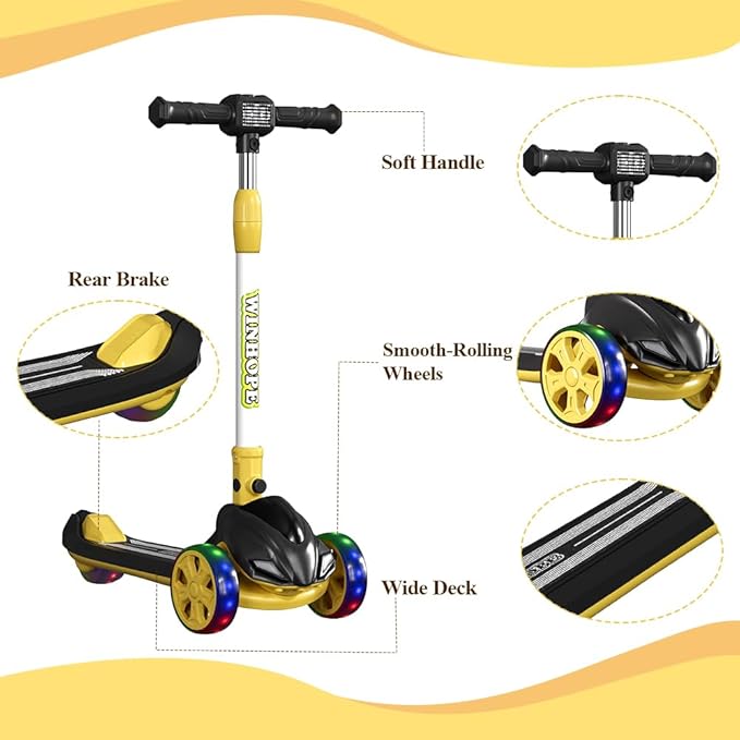 3-Wheel Foldable Kick Scooter for Kids, 4 Adjustable Height Toddler Scooter with LED Lighted Wheels, Lean-to-Steer Design& Wider Anti-Slip Deck for Children Boys & Girls Ages 3-8