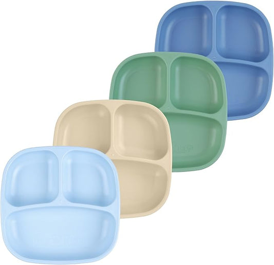 Re-Play Toddler Plates with Dividers - Deep-Walled 3 Compartments Divided Plates for Kids - Dishwasher & Microwave Safe - Made in USA - Set of 4-7.37" x 7.37" x 1.25" - Meadow