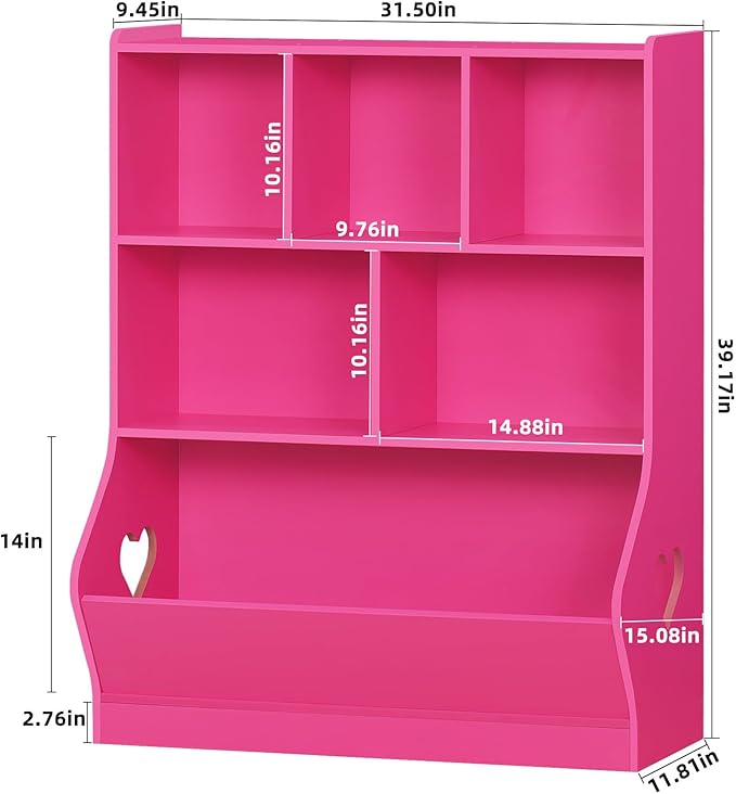 Lerliuo Kids Storage Organizer, 3 Tier Children Bookcase and Bookshelf, Toddler 6 Cubby Cabinet, Wood Book Shelf for Playroom, Bedroom, Living Room, Nursery, School 39.17'' H (Pink)
