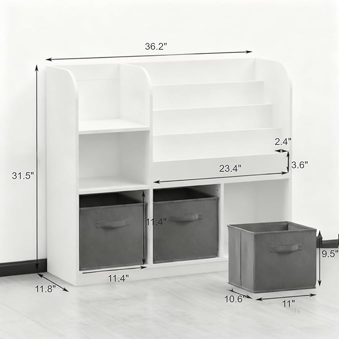 Kids Bookshelf, Wooden Kids Bookcase with 3 Storage Bins for Toy Storage, 4-Tier Shelf for Books & Reading, Multifunctional Toy Box with Bookshelf for Nursery & Bedroom Organization