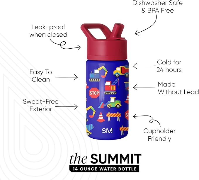 Simple Modern Kids Summit Water Bottle with Straw Lid | 14oz Stainless Steel Cup Insulated Tumbler for Toddlers, School | Under Construction