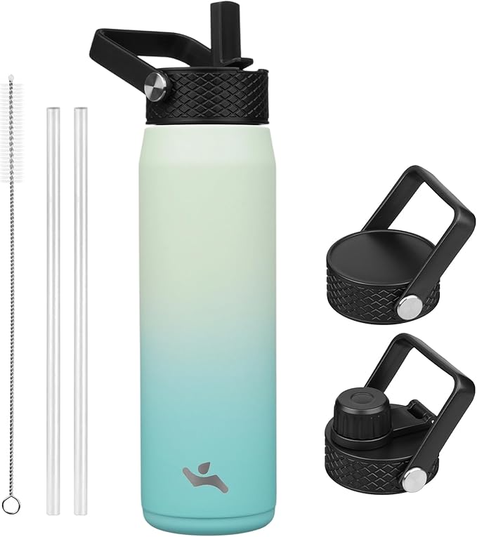 25oz Insulated Stainless Steel Water Bottle with Straw and 3 Lids, BPA-Free Sports Water Bottle,travel water bottle,Mint