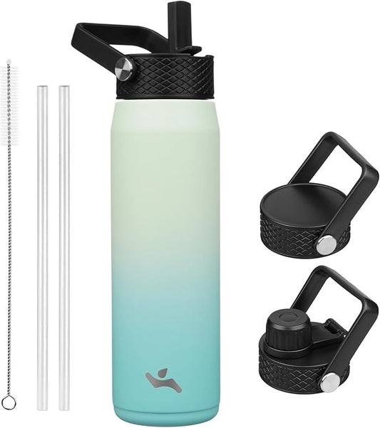 25oz Insulated Stainless Steel Water Bottle with Straw and 3 Lids, BPA-Free Sports Water Bottle,travel water bottle,Mint