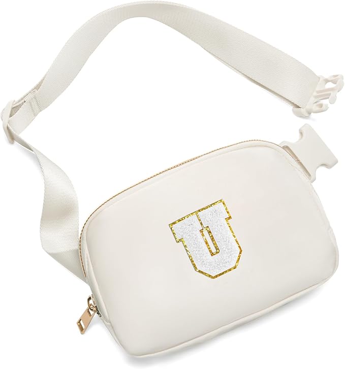 Gitus Birthday Gifts for 8 9 10 11 12 13 Year Old Girls Personalized Fanny Pack Crossbody Bags with Initial Letter Patch Belt Bag for Teen Girls Cute Trendy Stuff Travel Essentials (Ivory-U)