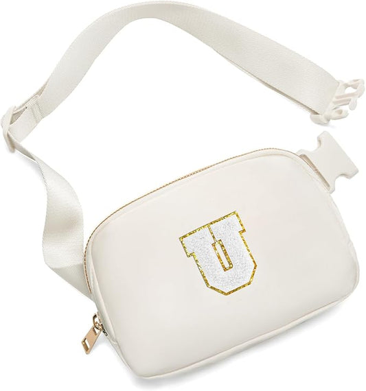Gitus Birthday Gifts for 8 9 10 11 12 13 Year Old Girls Personalized Fanny Pack Crossbody Bags with Initial Letter Patch Belt Bag for Teen Girls Cute Trendy Stuff Travel Essentials (Ivory-U)