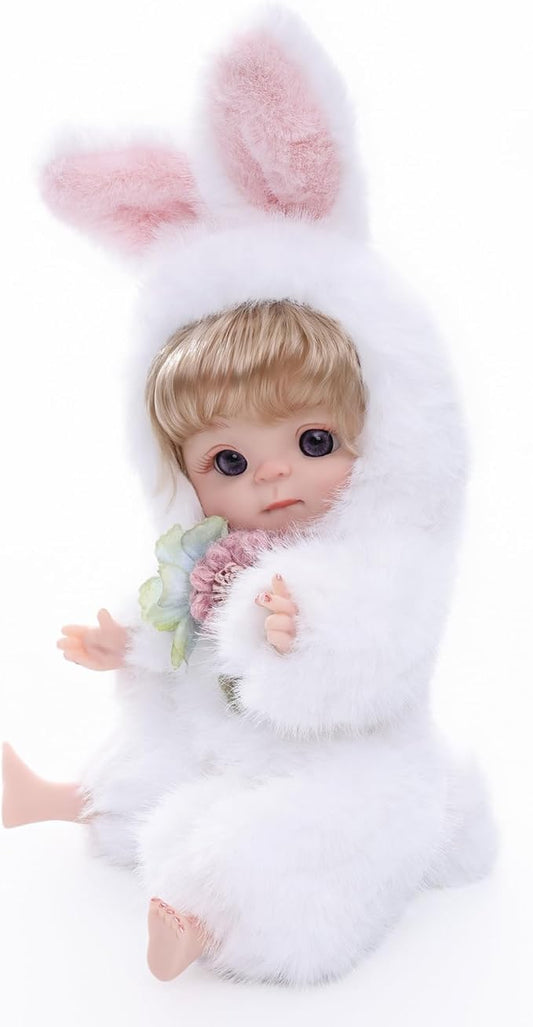 Reborn Baby Doll 10 Inch – Realistic Full Vinyl Bunny Girl with Blonde Hair & Purple Eyes – Soft Collectible Toy Gift for Girls