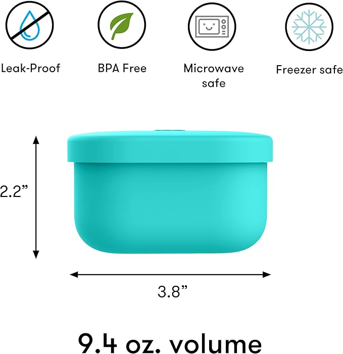 OmieBox Silicone Leakproof Snack Containers To Go, Food Storage Containers with Lid, School Lunch Bento Container - BPA Free, Airtight, Dishwasher and Freezer Safe, Oven Safe - 9.4 ounces (Teal)