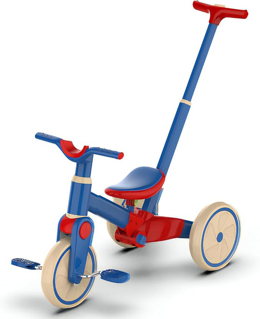 Tricycle for Toddlers 1-3 Year Olds, 5 in 1 Toddler Balance Bike with Removable Pedal, Foldable Toddler Tricycle with Push Handle(Blue)