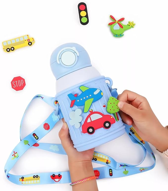 Kids Insulated Tumbler Set – 16 oz Stainless Steel Bottle with 2 Lids (Straw + Pour), Screw-On Cup, Adjustable Strap, Silicone Sleeve + 8 Charms – BPA-Free, Gift-Ready (Car Race)