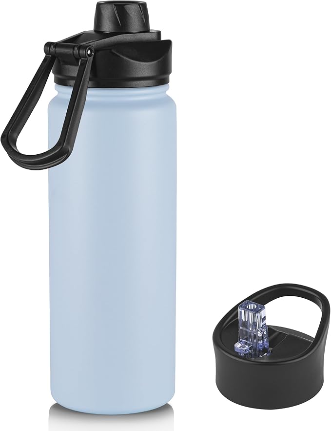 24oz Insulated Water Bottle with Straw Lid, Stainless Steel Metal Water Bottle with Straw & Wide Mouth Lid, Double Wall Vacuum Water Bottle for Hiking Camping, Light Blue 1 Pack