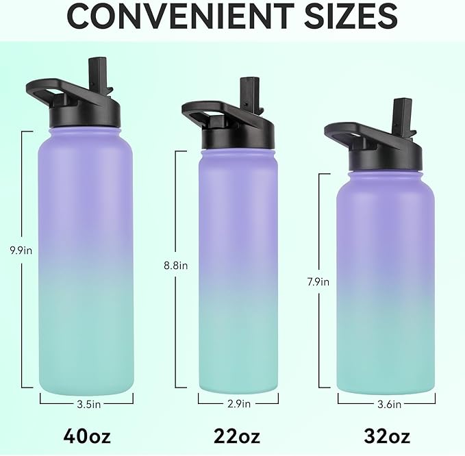 DOMICARE 40 oz Insulated Water Bottle Bulk, Vacuum Insulated Stainless Steel Sports Water Bottle with Straw Lid & Spout Lid, Leakproof, Reusable - Travel, Camping, Bike, Purple Green Gradient(4 Pack)