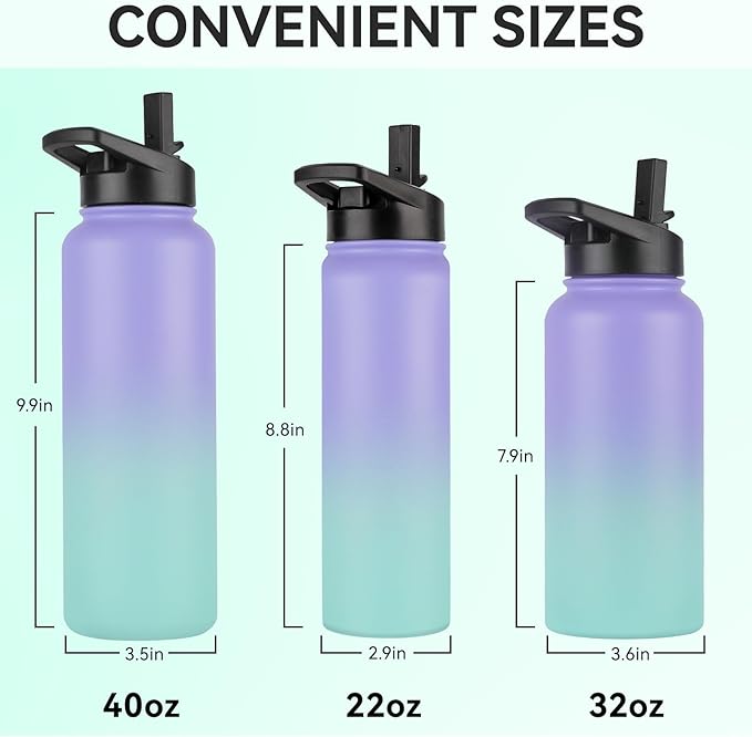 DOMICARE 40 oz Insulated Water Bottle, Vacuum Insulated Stainless Steel Sports Water Bottle with Straw Lid & Spout Lid, Leakproof, Reusable - Travel, Camping, Bike, Purple Green Gradient