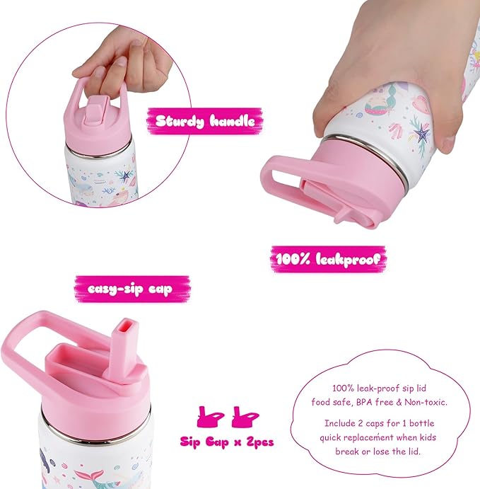 16 oz Stainless Steel Insulated Kids Water Bottle, Leak Proof Metal Thermal Flask with Straw lid, Cute Toddler Tumbler Cup for School Girls & Boys (White, Mermaid)