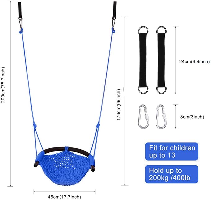 Swing Seat for Kids Heavy Duty Rope Play Secure Children Swing Set,Perfect for Indoor,Outdoor,Playground,Home,Tree,with Snap Hooks and Swing Straps,440 lbs Capacity,Blue