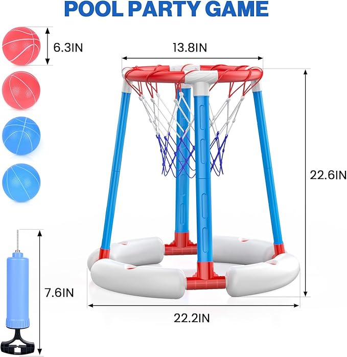Pool Basketball Rim, Floating Pool Toy with 4 Balls and Pumps, Pool Basketball Game Outdoor Toy for Kids Adults Home Party Water Summer Toys