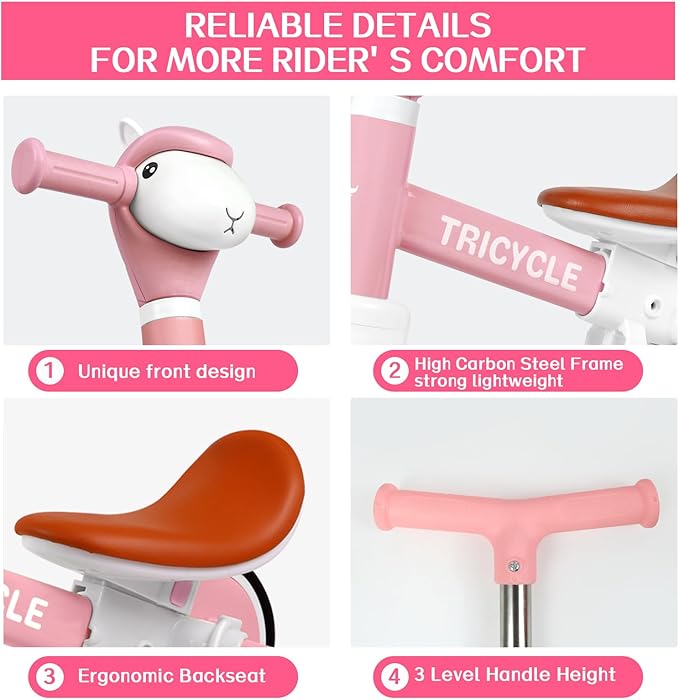 Tricycle for Toddlers 1-3 Year Olds, 5 in 1 Toddler Balance Bike 2-4 Years Old Boys Girls, Push Trike Toys with Adjustable Handle, Birthday Gifts for 2 3 4 5 Year Old Kids Bike (Pink)