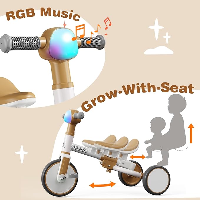 Ridego 5-in-1 Tricycle for Toddlers 2-5 Year Olds, Kids Balance Bike & Toddler Push Bike with Parent Handle, RGB Music Light, Tool-Free Assembly Birthday Gift for Boys Girls