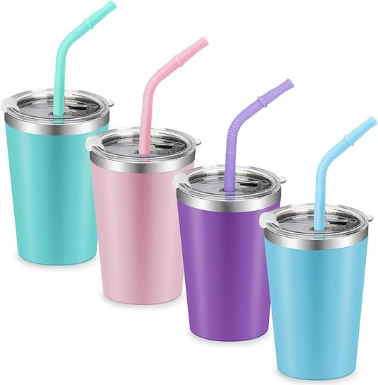 Kids Tumblers with Lids and Straws, 4 Pack Stainless Steel Cups with Lids for Kids Spill Proof, 12oz Double Wall Vacuum Insulated Cups for kids and Adults